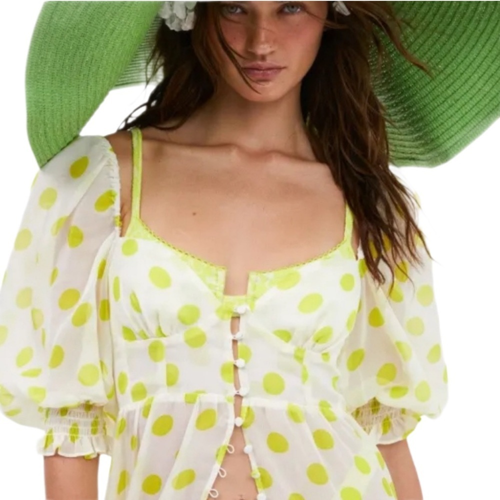 For Love And Lemons Megan Yellow Polka Dot Maxi Cover Up Dress Size M NWT - Picture 5 of 5